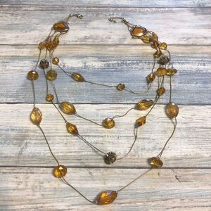 Amber Acrylic Beads Necklace Stations Cold Tone Chain Estate Multi-strand